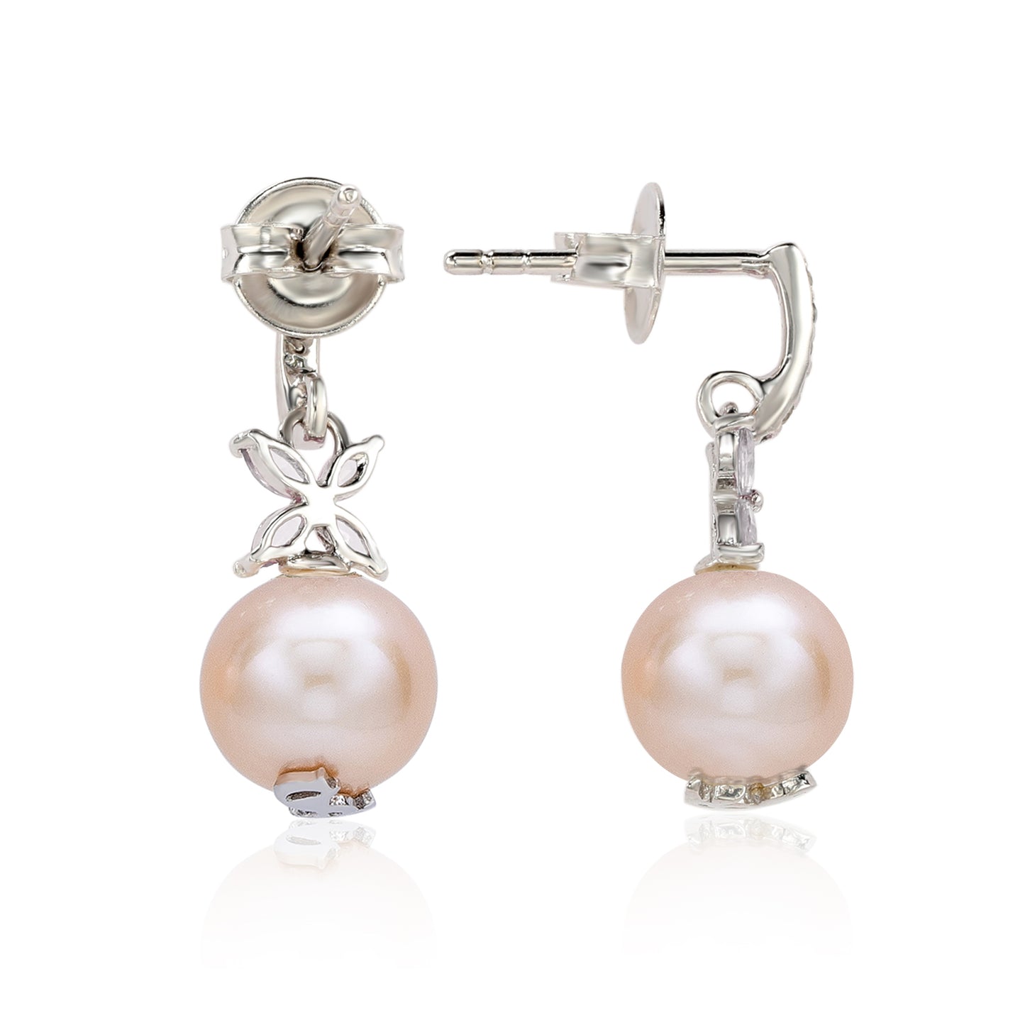 Suzy Levian Sterling Silver Pink Pearl & White Sapphire Floral Earrings
