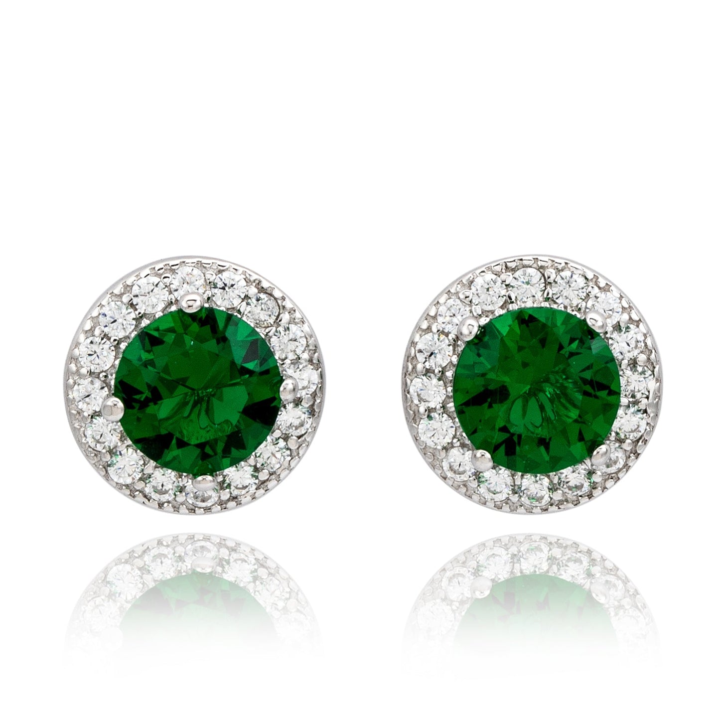 Suzy Levian White Sterling Silver Round Cut Green Cubic Zirconia Halo Studs