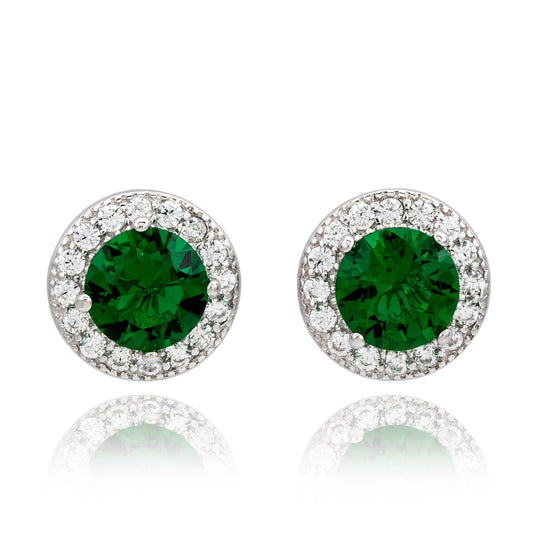 Suzy Levian White Sterling Silver Round Cut Green Cubic Zirconia Halo Studs