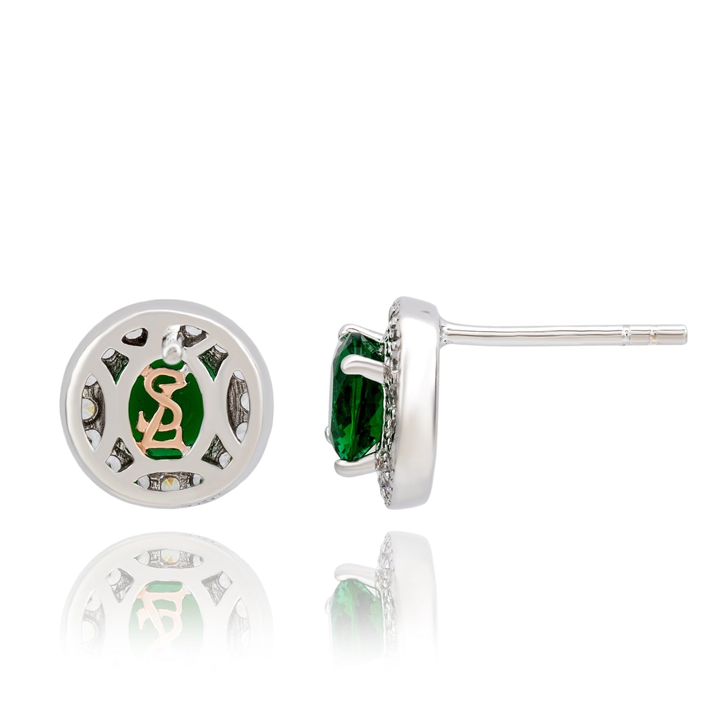 Suzy Levian White Sterling Silver Round Cut Green Cubic Zirconia Halo Studs