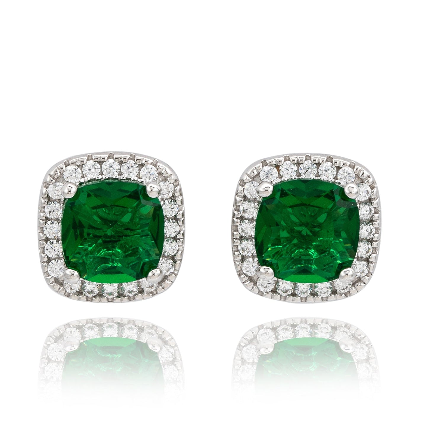 Suzy Levian White Sterling Silver Cushion Cut Green Cubic Zirconia Halo Studs