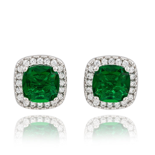 Suzy Levian White Sterling Silver Cushion Cut Green Cubic Zirconia Halo Studs