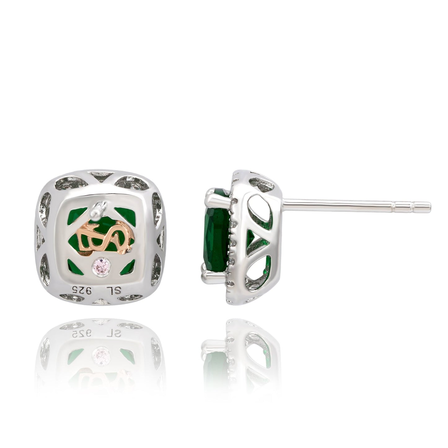 Suzy Levian White Sterling Silver Cushion Cut Green Cubic Zirconia Halo Studs