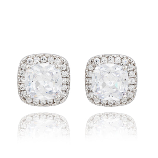 Suzy Levian White Sterling Silver Cushion Cut White Cubic Zirconia Halo Studs