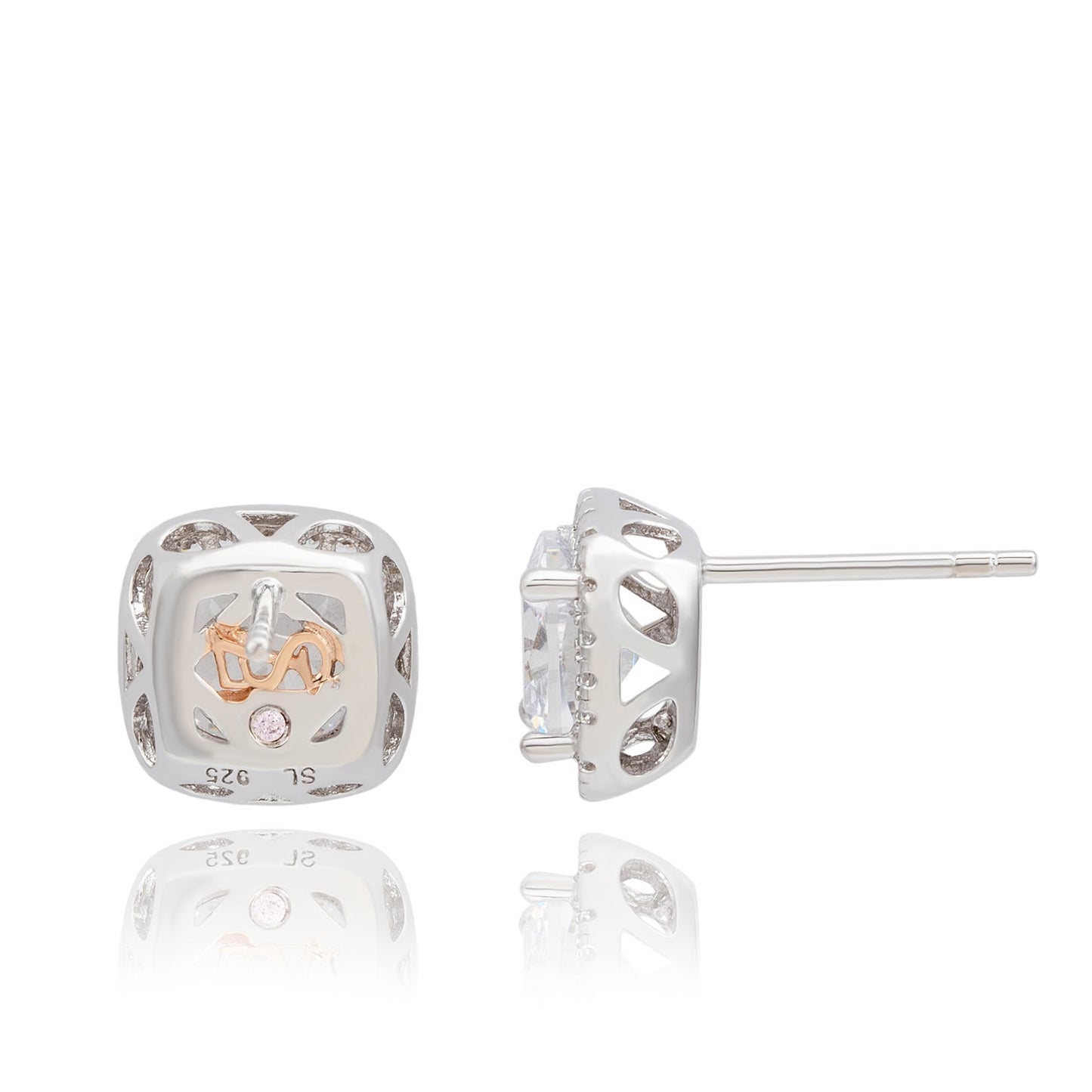 Suzy Levian White Sterling Silver Cushion Cut White Cubic Zirconia Halo Studs