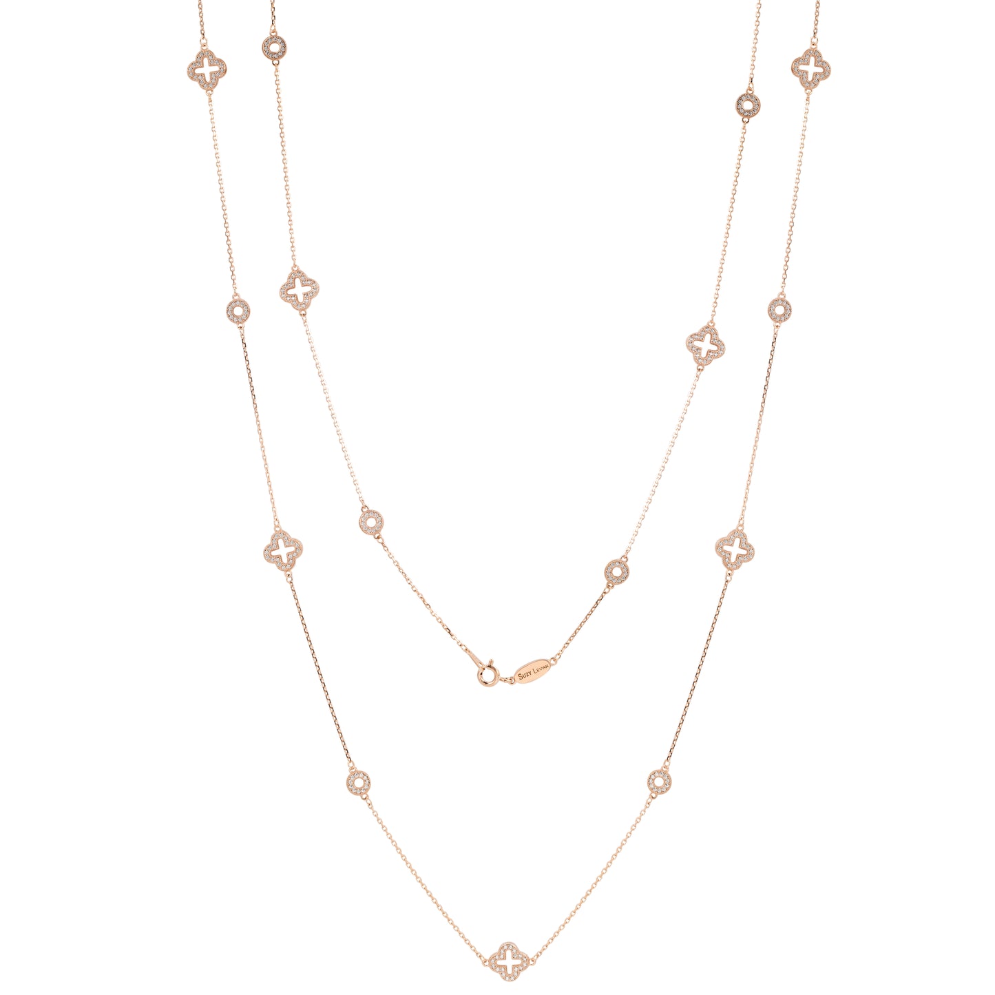 Suzy Levian Rose Sterling Silver White Cubic Zirconia Clover & Circle Station Necklace