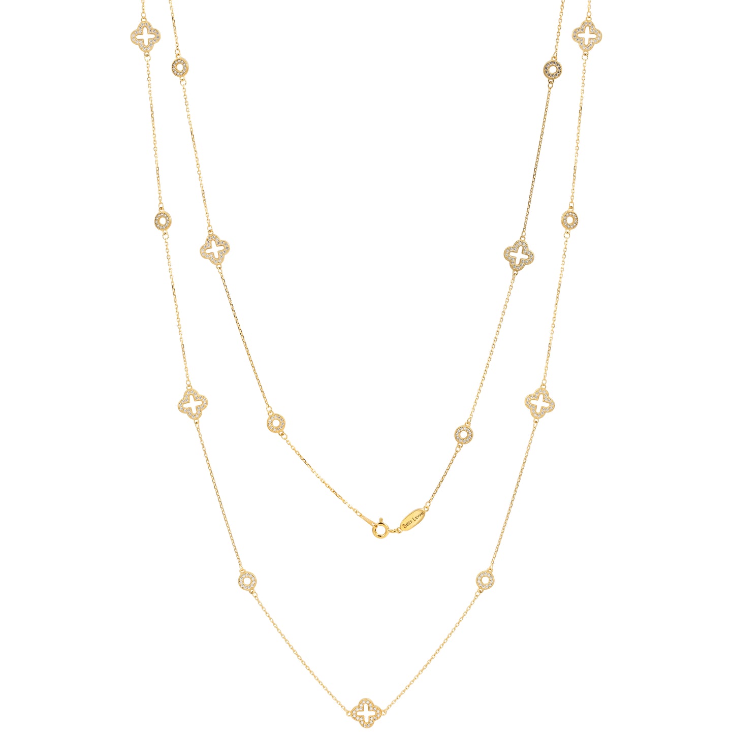 Suzy Levian Yellow Sterling Silver White Cubic Zirconia Clover & Circle Station Necklace