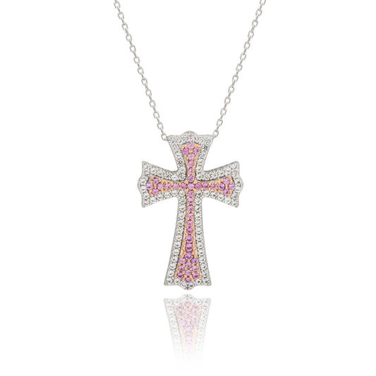 Suzy Levian Sterling Silver Pink Sapphire and Diamond Accent Cross Pendant
