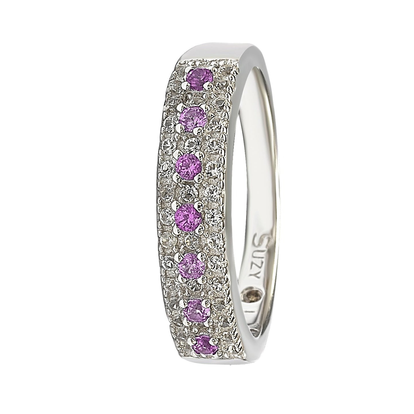 Suzy Levian Sterling Silver Pink Sapphire & Diamond Accent Pave Band Ring