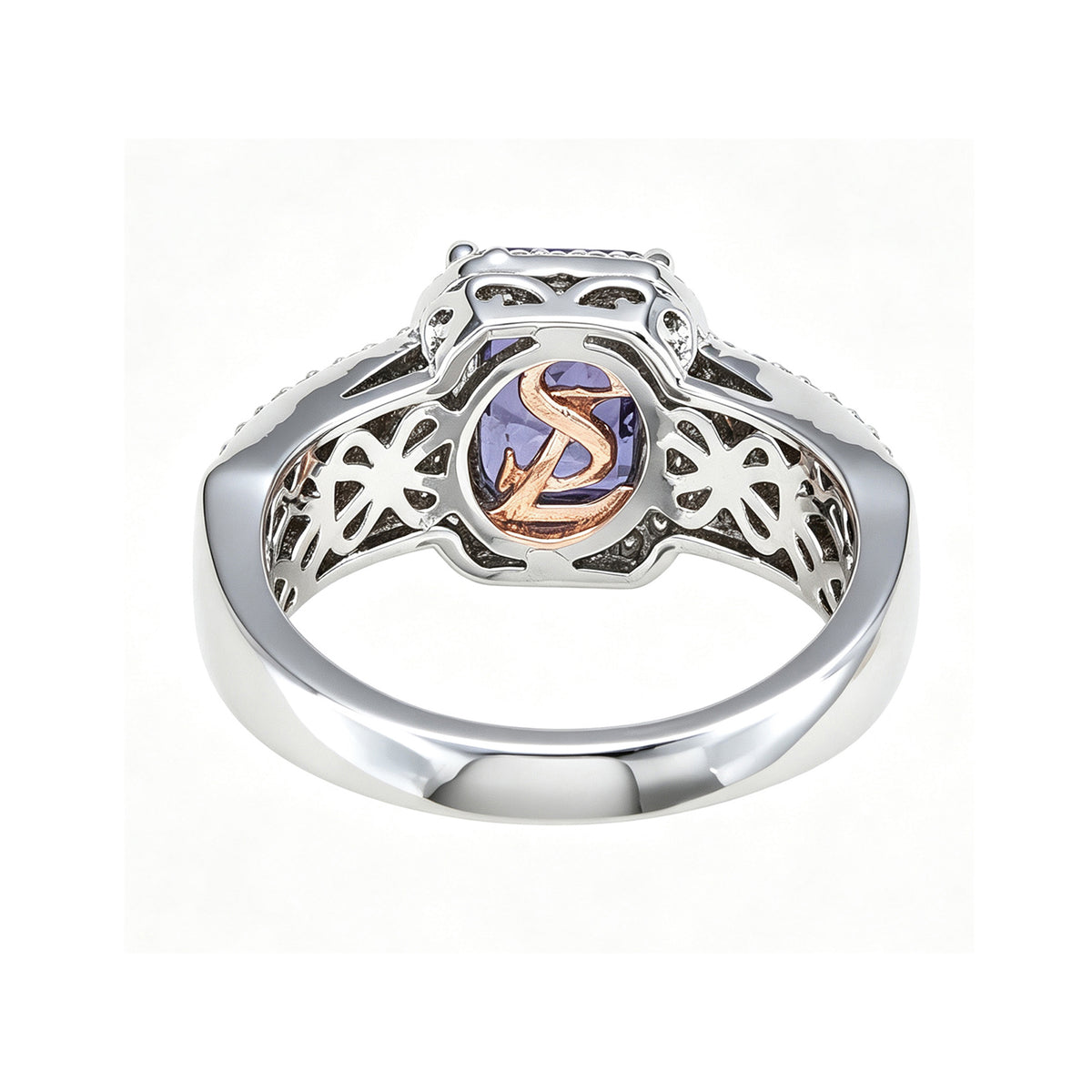 Suzy Levian Sterling Silver Emerald-Cut Blue and Brown Cubic Zirconia Halo Ring