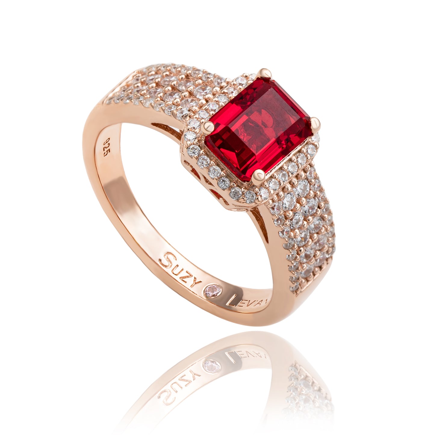 Suzy Levian Rose Sterling Silver Emerald-Cut Red and White Cubic Zirconia Halo Ring
