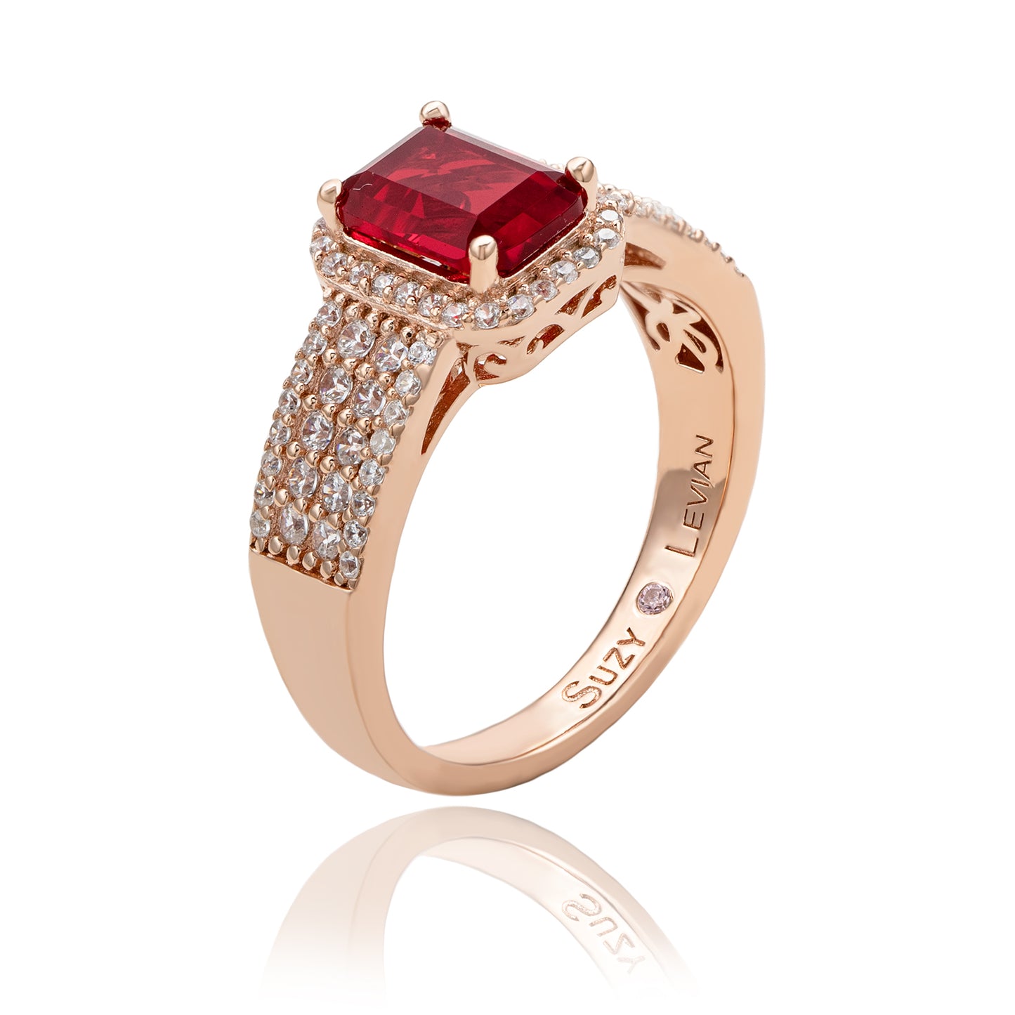 Suzy Levian Rose Sterling Silver Emerald-Cut Red and White Cubic Zirconia Halo Ring
