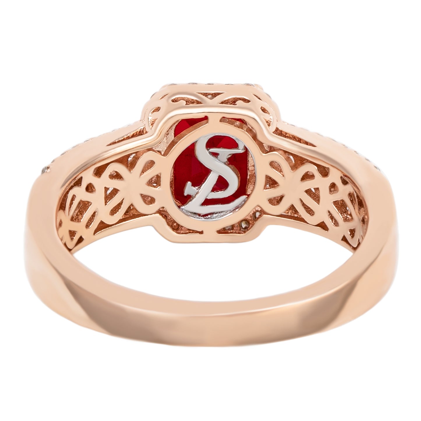 Suzy Levian Rose Sterling Silver Emerald-Cut Red and White Cubic Zirconia Halo Ring