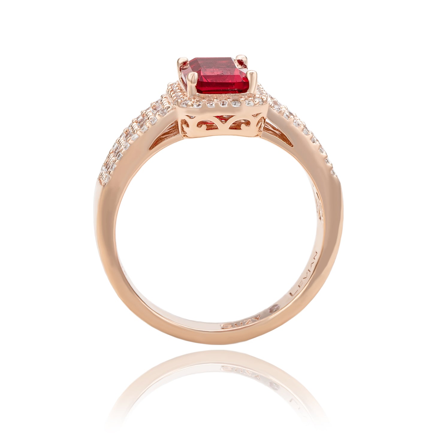 Suzy Levian Rose Sterling Silver Emerald-Cut Red and White Cubic Zirconia Halo Ring