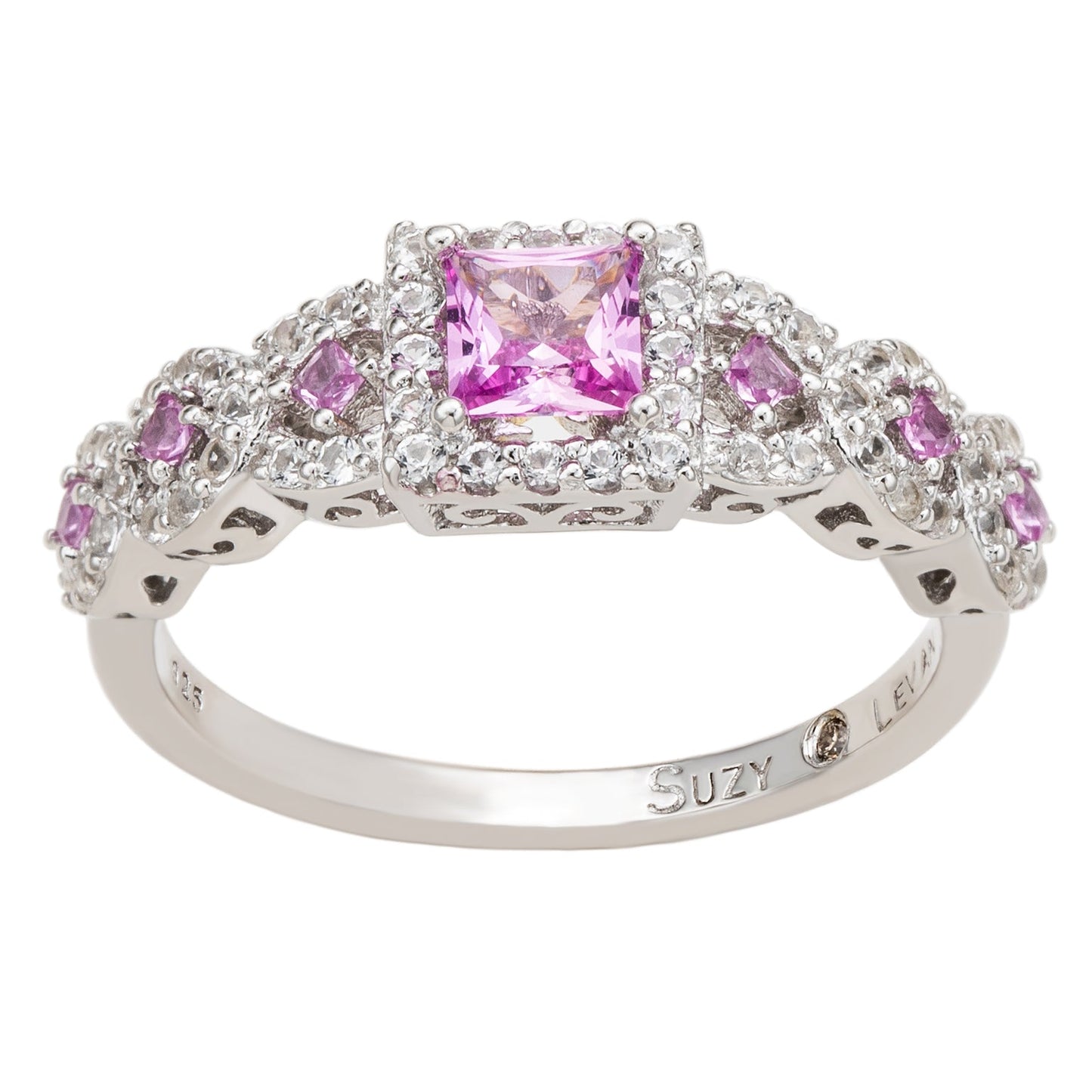 Suzy Levian Sterling Silver Assher Cut Pink Sapphire and Diamond Accent Bridal Engagement Ring