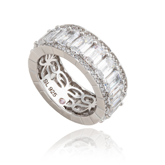 Suzy Levian White Sterling Silver Cubic Zirconia White Emerald Cut Eternity Band