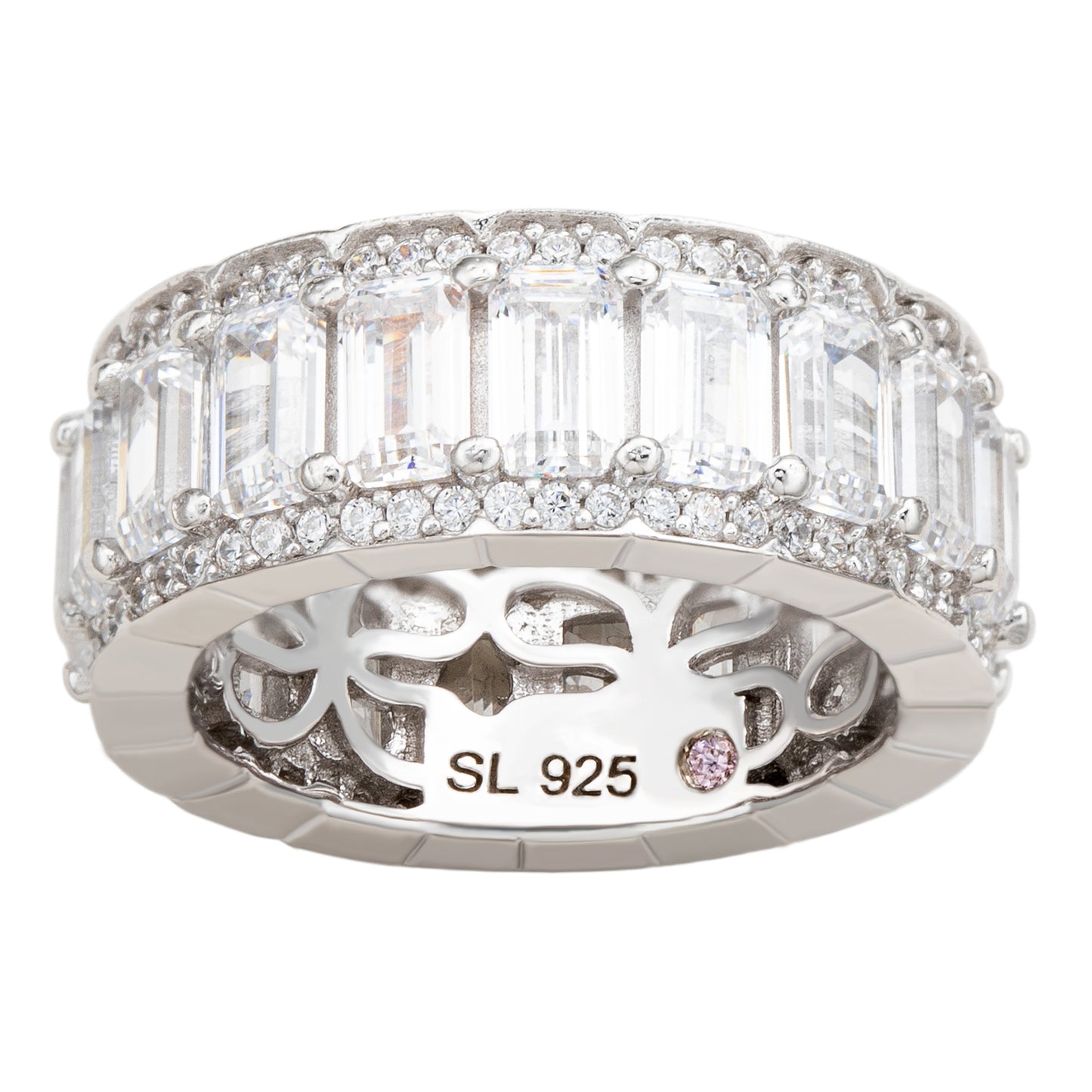 Suzy Levian White Sterling Silver Cubic Zirconia White Emerald Cut Eternity Band
