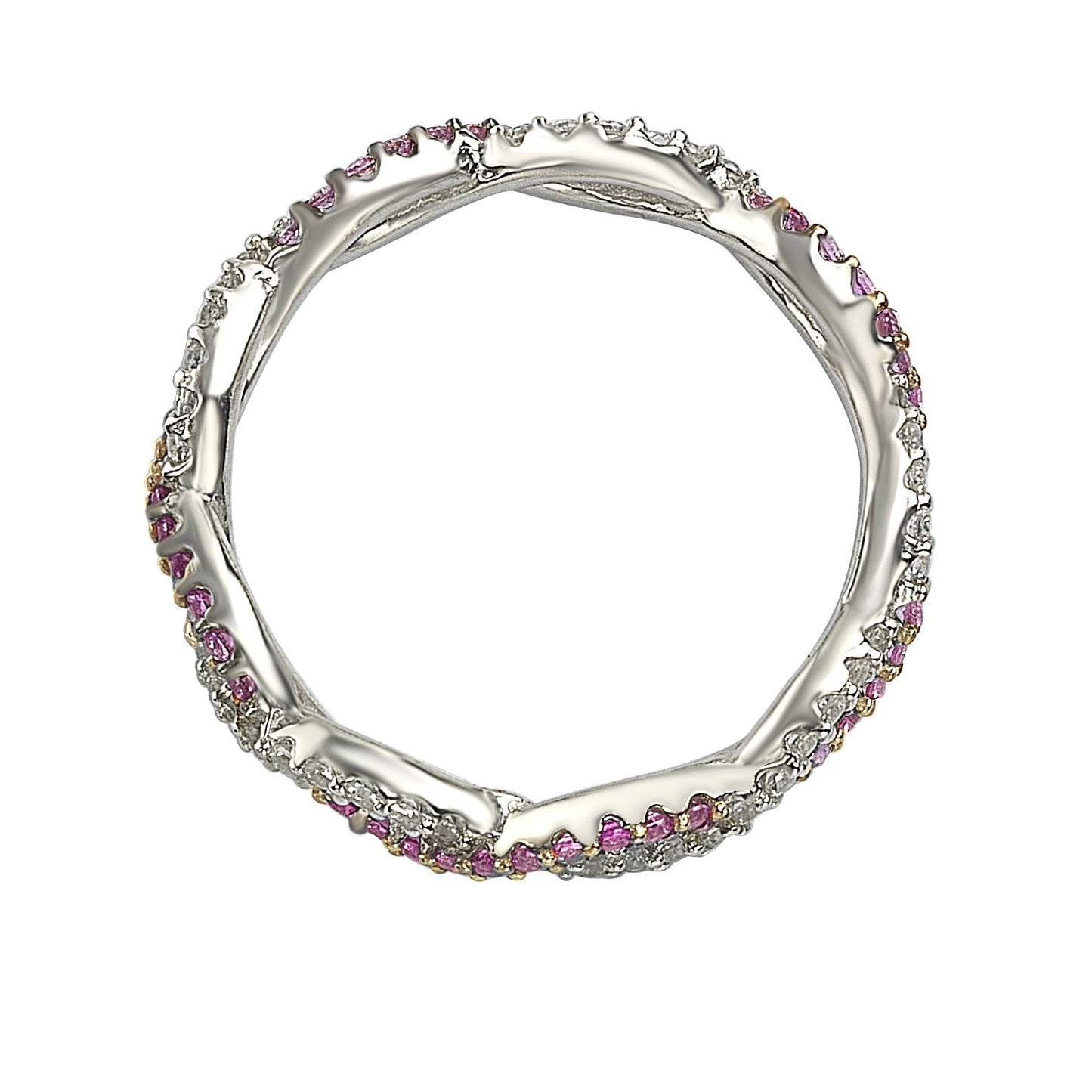 Suzy Levian Sterling Silver Pink Sapphire & Diamond Accent Crossover Band