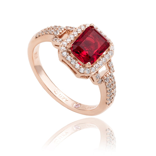 Suzy Levian Rose Sterling Silver Emerald-Cut Red and White Cubic Zirconia Halo Ring