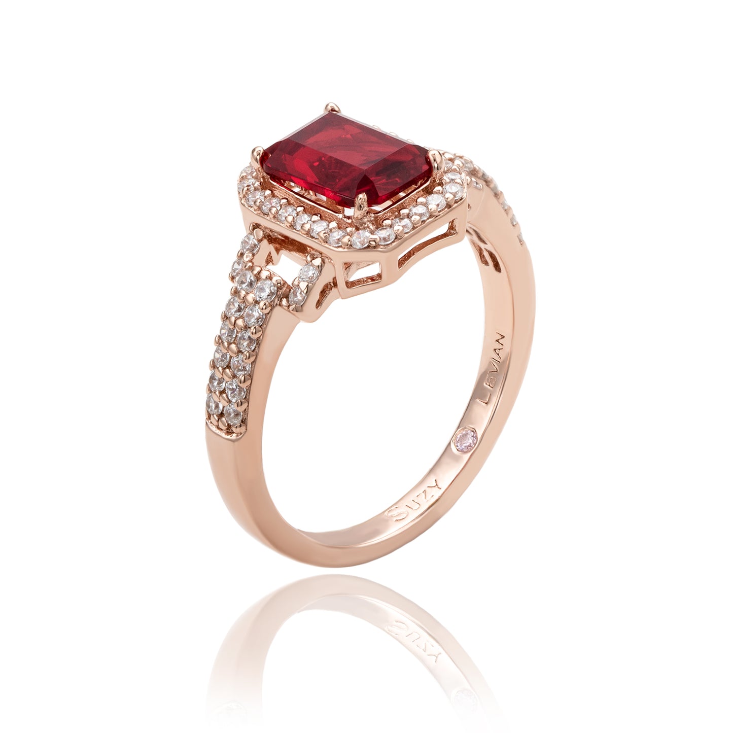Suzy Levian Rose Sterling Silver Emerald-Cut Red and White Cubic Zirconia Halo Ring