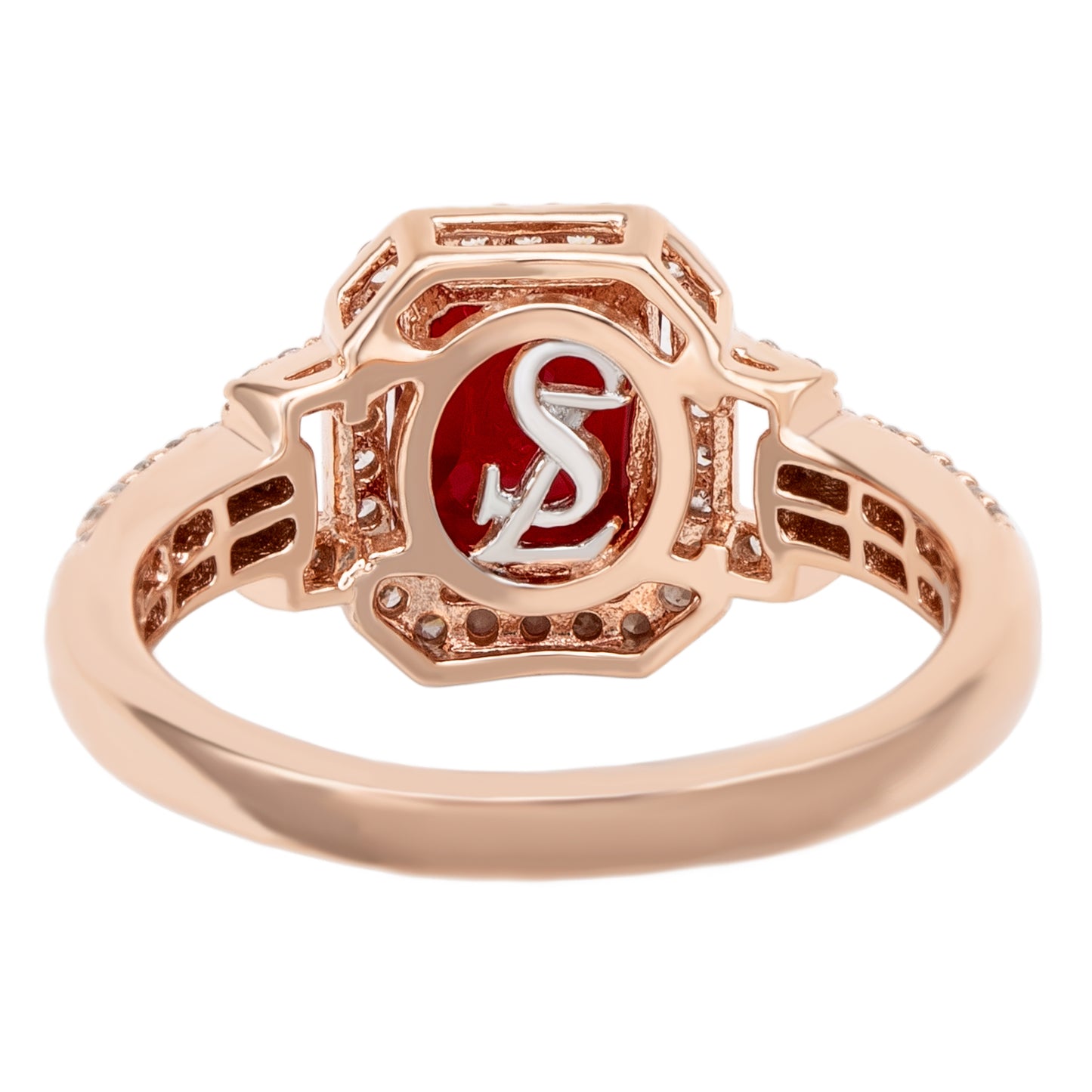 Suzy Levian Rose Sterling Silver Emerald-Cut Red and White Cubic Zirconia Halo Ring