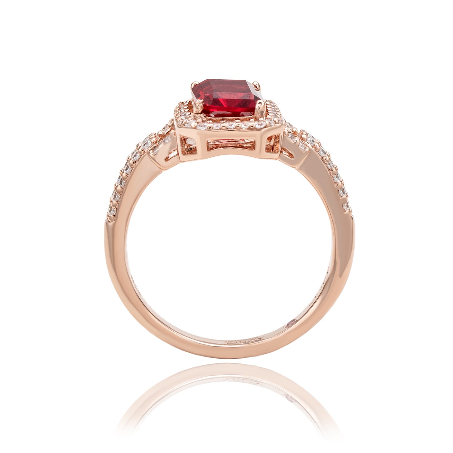 Suzy Levian Rose Sterling Silver Emerald-Cut Red and White Cubic Zirconia Halo Ring