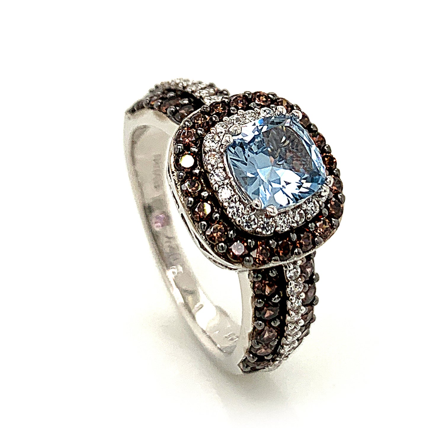 Suzy Levian Sterling Silver Cushion Cut Cubic Zirconia Aquamarine & Brown Cubic Zirconia Engagement Ring