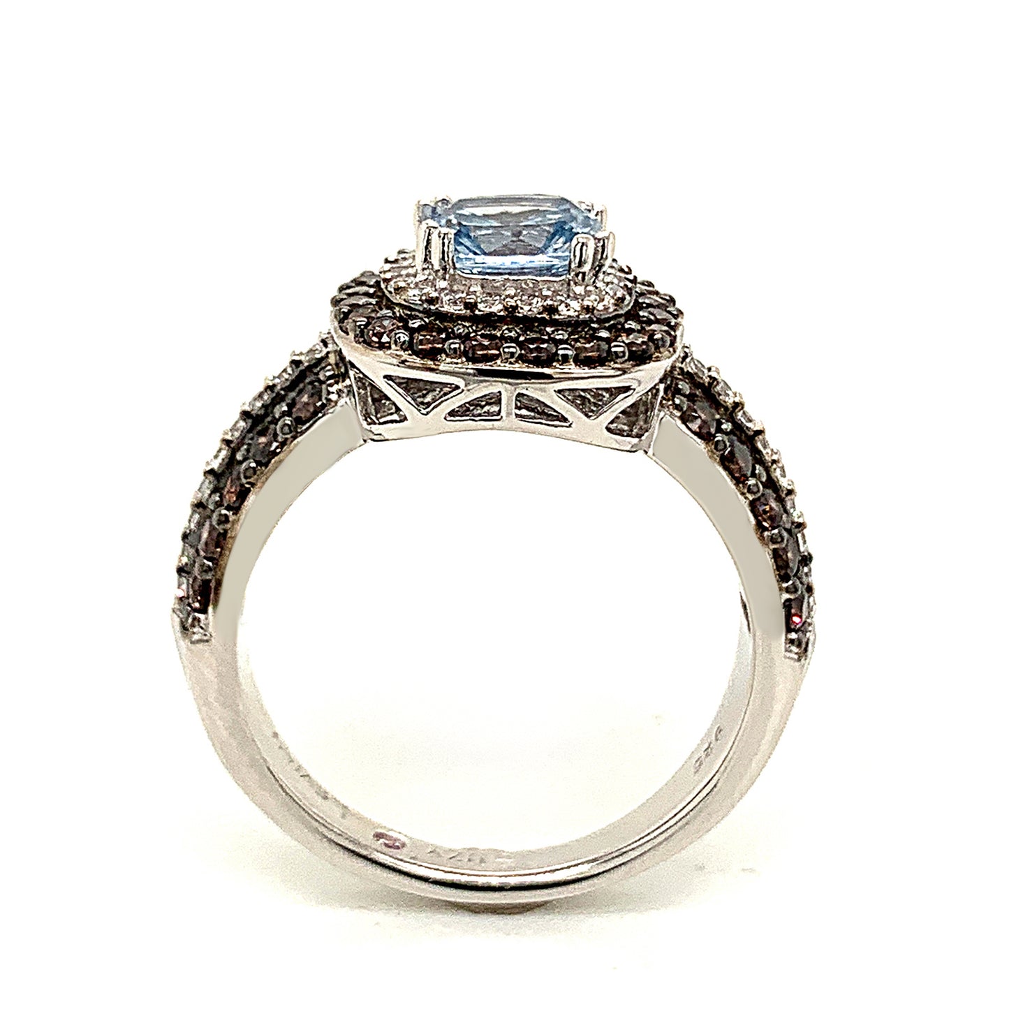 Suzy Levian Sterling Silver Cushion Cut Cubic Zirconia Aquamarine & Brown Cubic Zirconia Engagement Ring