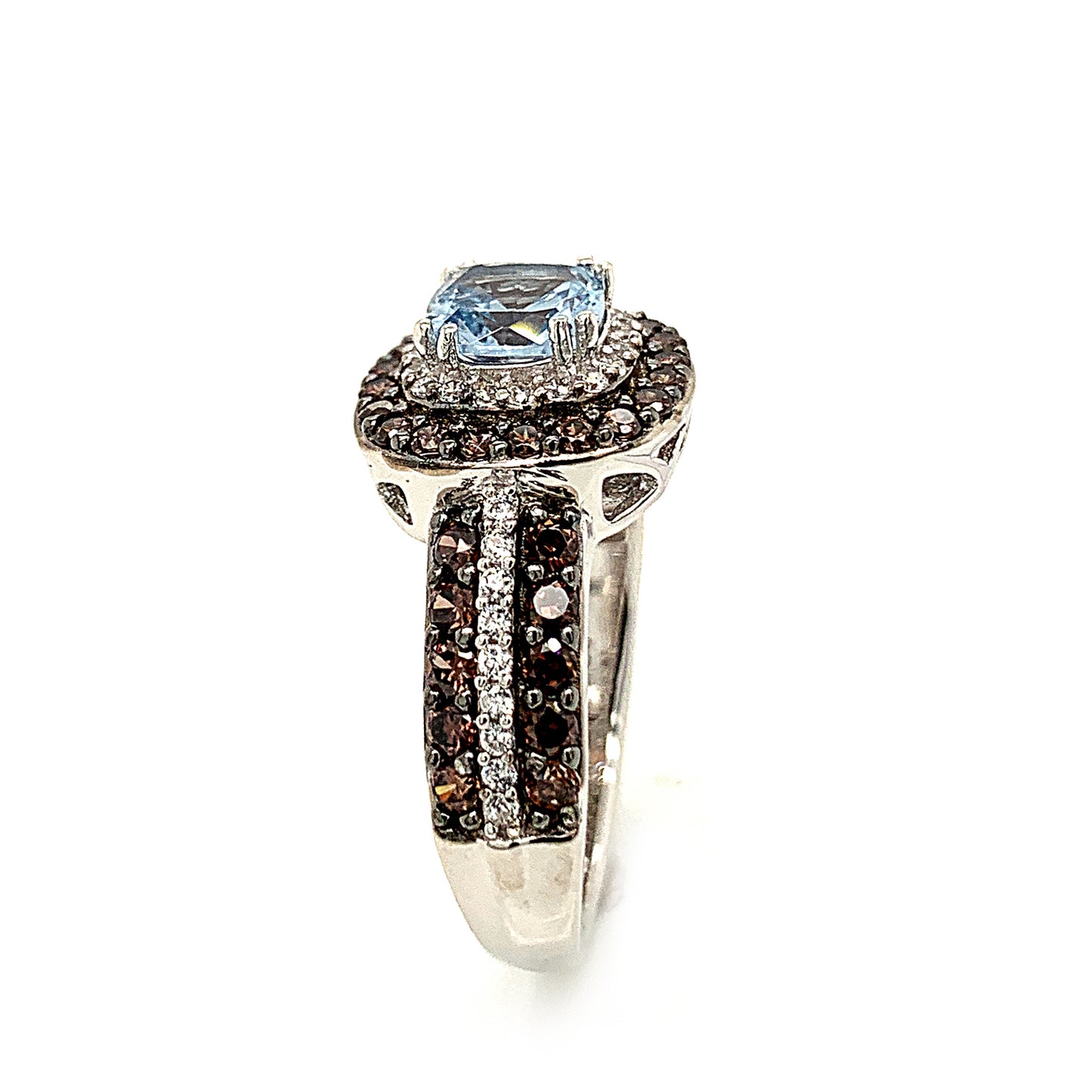 Suzy Levian Sterling Silver Cushion Cut Cubic Zirconia Aquamarine & Brown Cubic Zirconia Engagement Ring