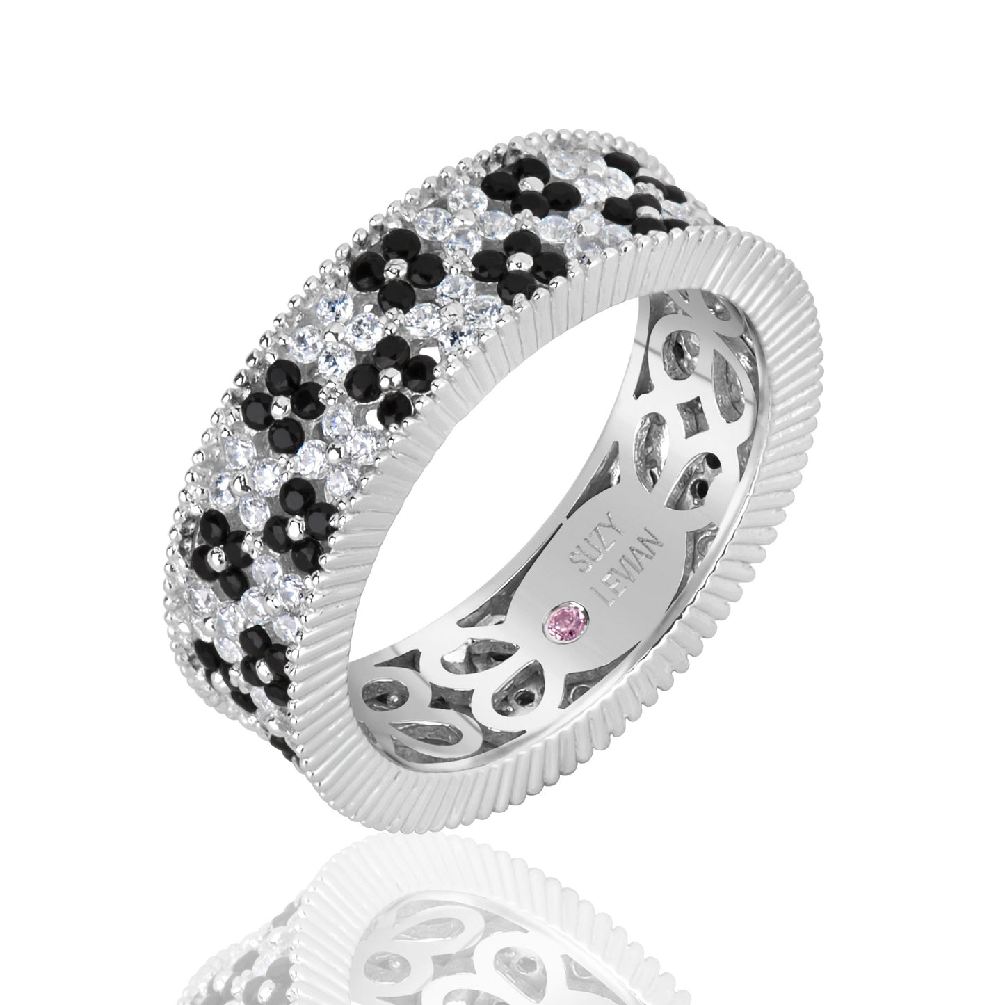 Suzy Levian Sterling Silver Black and White Cubic Zirconia Floral Eternity Band