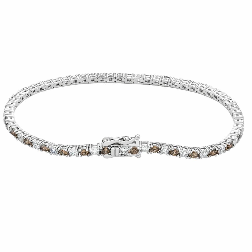 Suzy Levian Brown White Cubic Zirconia White Sterling Silver 7 inch Tennis Bracelet
