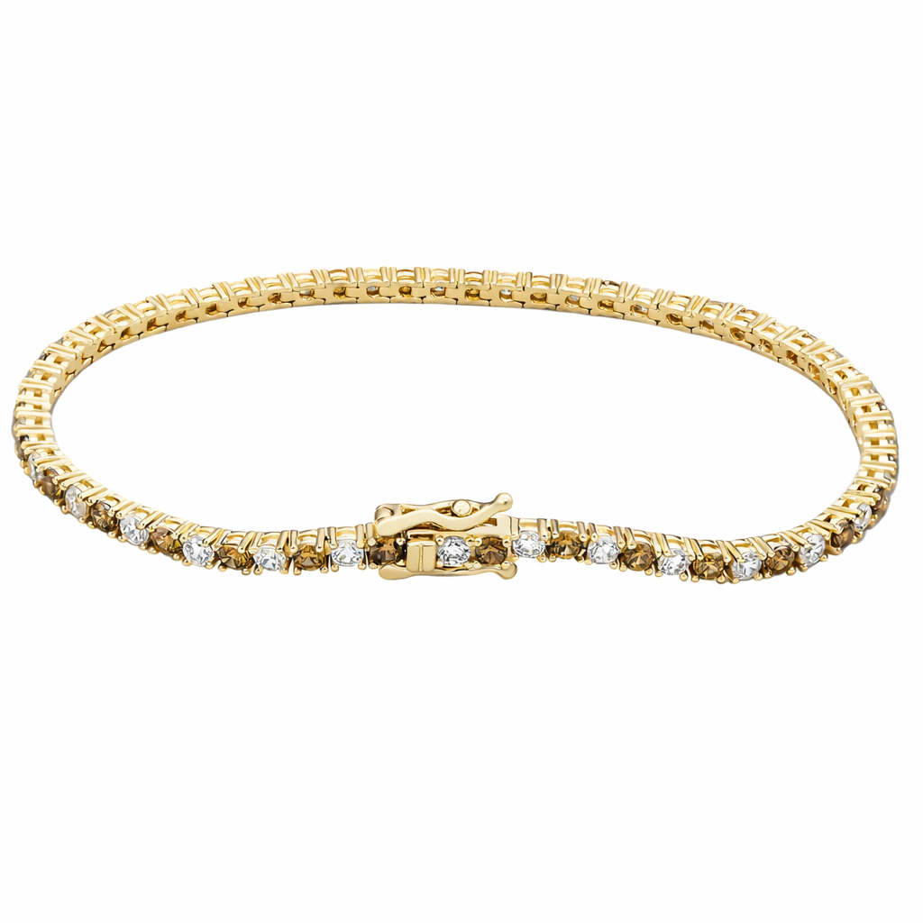 Suzy Levian Brown White Cubic Zirconia Yellow Sterling Silver 7 inch Tennis Bracelet