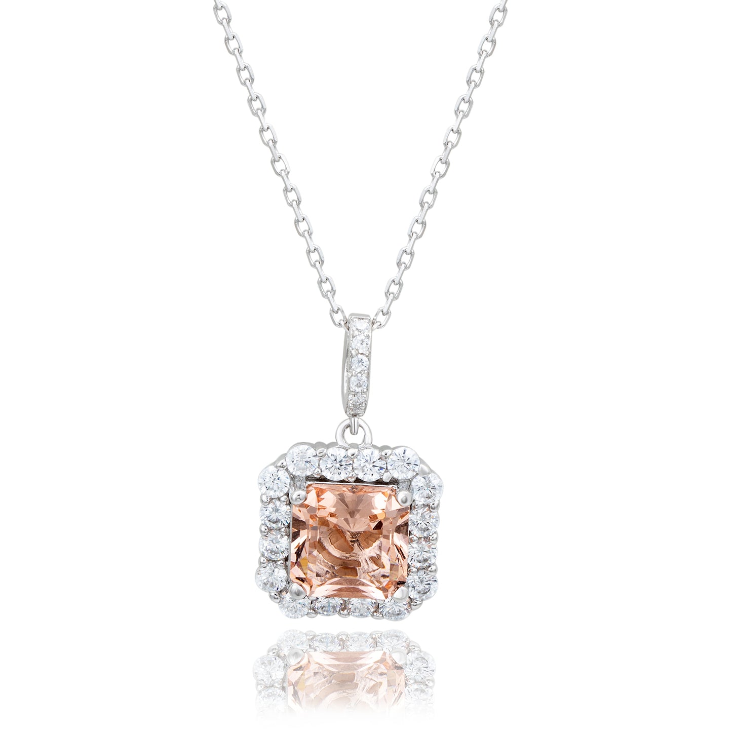 Suzy Levian Sterling Silver Pink Ascher Cut Cubic Zirconia & White Cubic Zirconia Halo Pendant