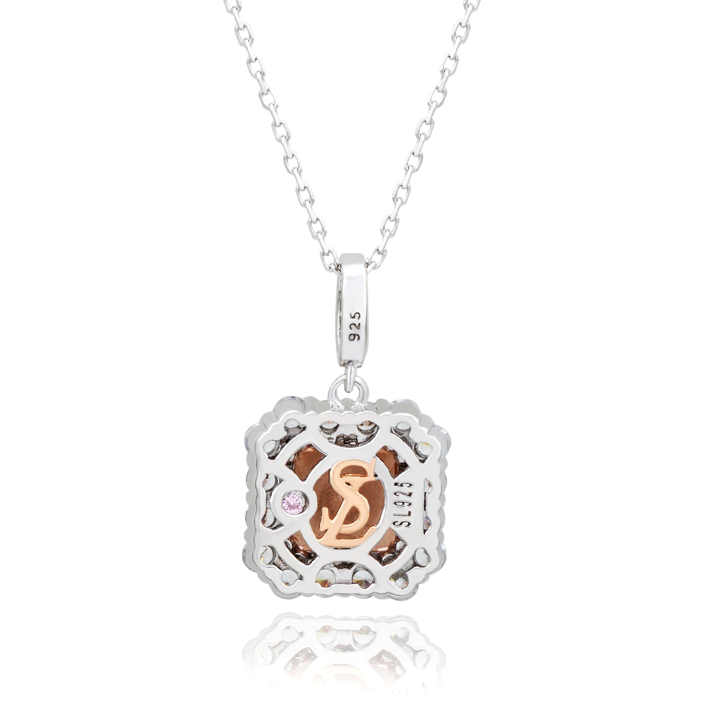 Suzy Levian Sterling Silver Pink Ascher Cut Cubic Zirconia & White Cubic Zirconia Halo Pendant