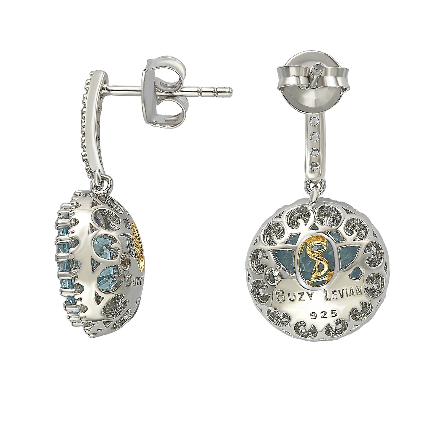 Suzy Levian Sterling Silver Round Cut Blue Topaz And White Topaz Drop Earrings