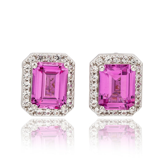 Suzy Levian Sterling Silver Emerald Cut Pink Sapphire Diamond Accent Halo Stud Earrings