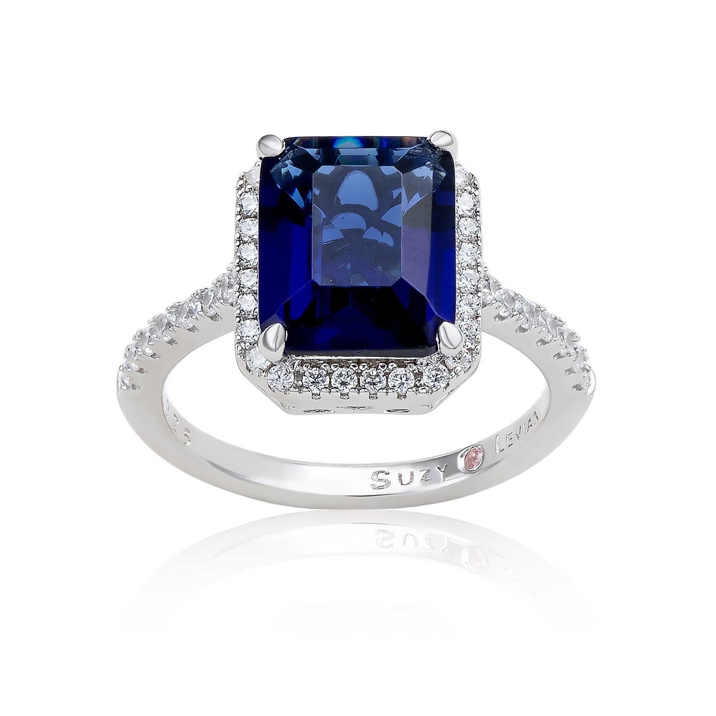Suzy Levian Sterling Silver Large Emerald-Cut Blue and White Cubic Zirconia Halo Ring