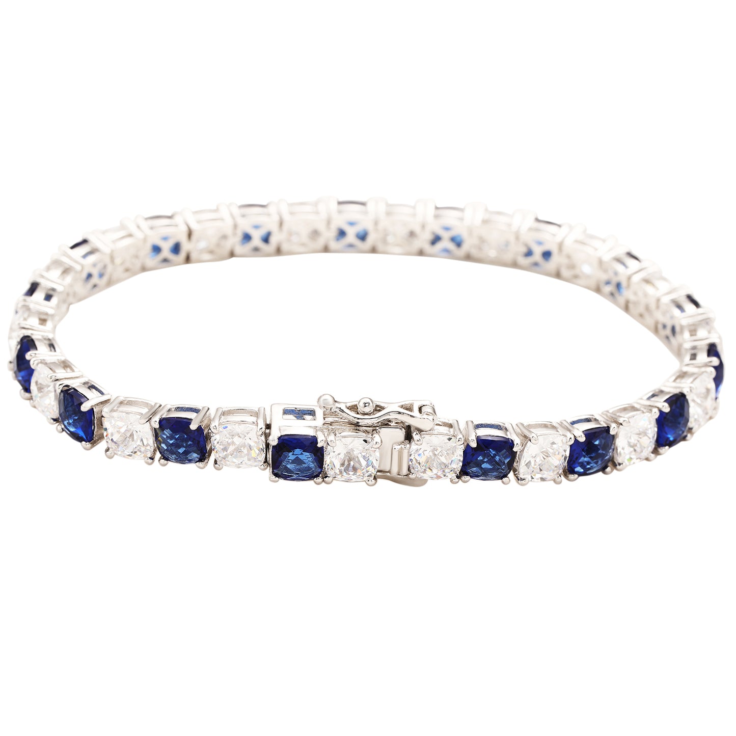 Suzy Levian Sterling Silver Cushion Cut Blue Sapphire and Created White Sapphire Tennis Bracelet