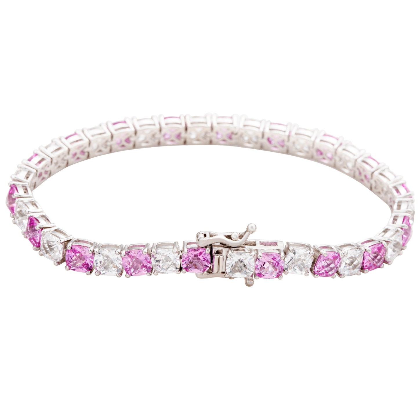 Suzy Levian Sterling Silver Cushion Cut Pink Sapphire and Created White Sapphire Tennis Bracelet