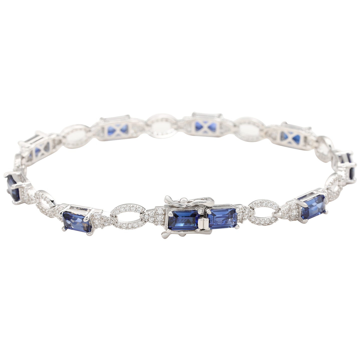 Suzy Levian Sterling Silver Emerald-Cut Blue Sapphire And Diamond Accent Tennis Bracelet