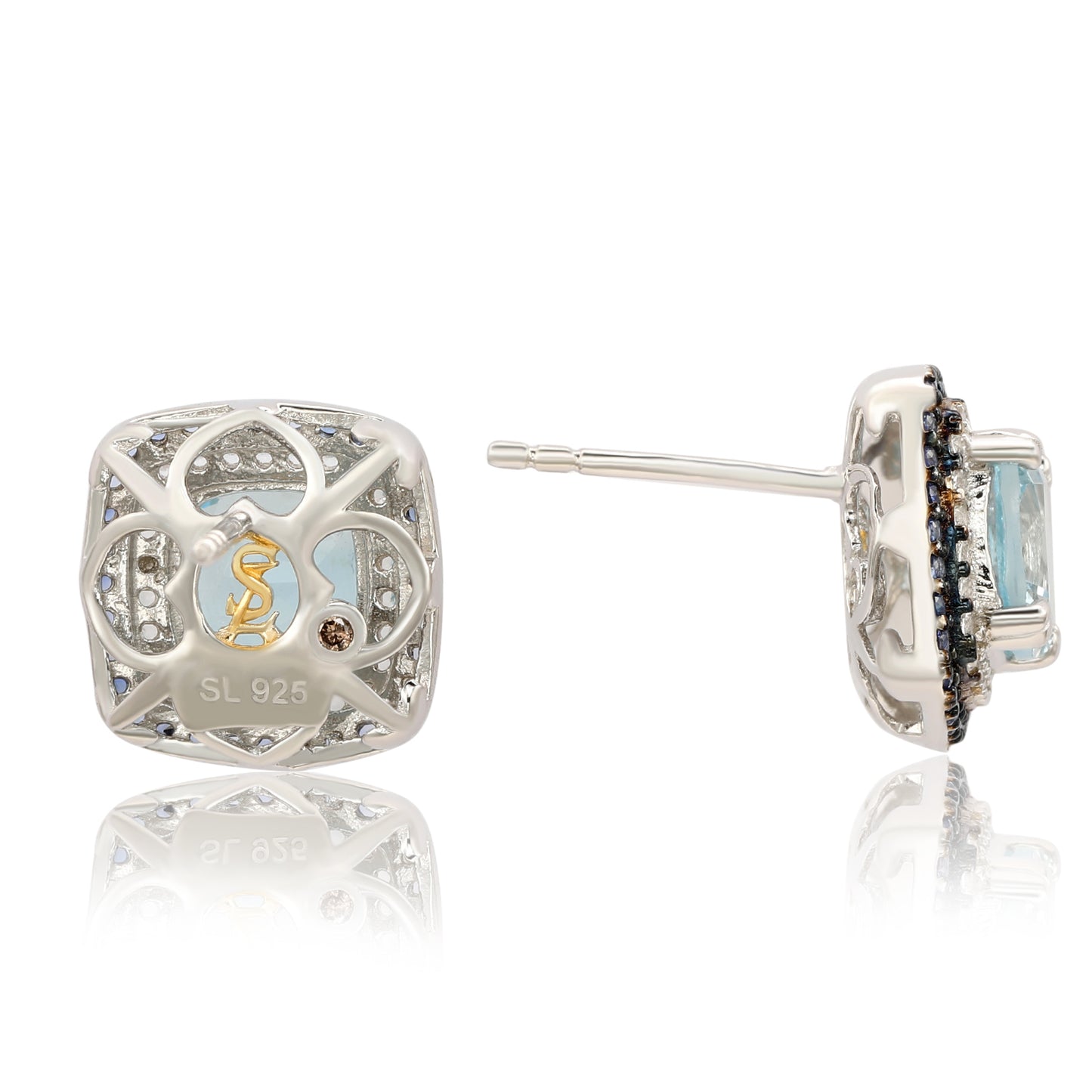 Suzy Levian Sterling Silver Cushion Cut Blue Topaz And Sapphire Accent Stud Earrings