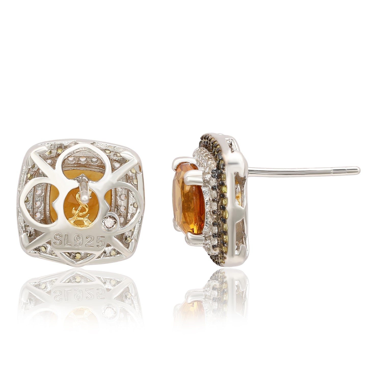 Suzy Levian Sterling Silver Cushion Cut Orange Citrine And Sapphire Accent Stud Earrings