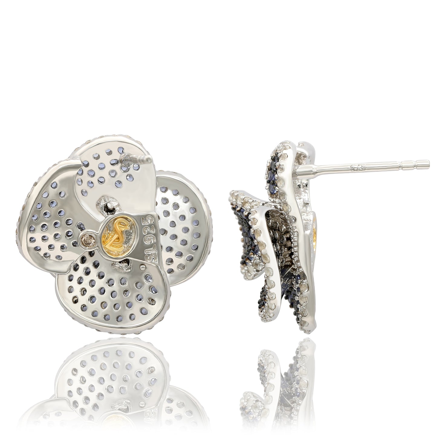 Suzy Levian Sterling Silver Blue Sapphire & White Sapphire Peony Flower Earrings