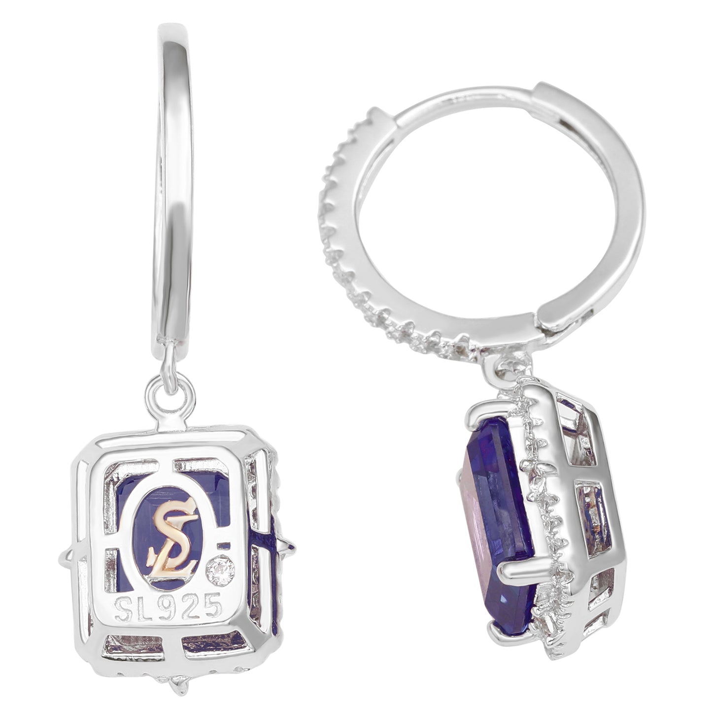 Suzy Levian Sterling Silver Blue Sapphire Emerald Cut Halo Dangling Earrings