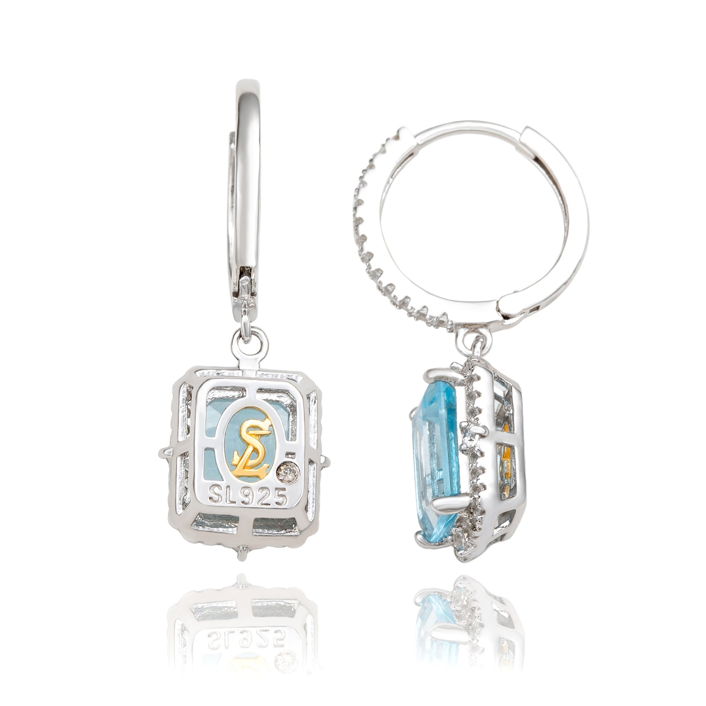 Suzy Levian Sterling Silver Emerald Cut Blue Topaz & White Topaz Halo Dangling Earrings