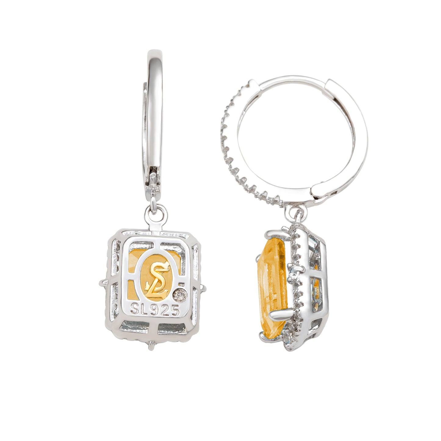 Suzy Levian Sterling Silver Emerald Cut Citrine & White Topaz Halo Dangling Earrings