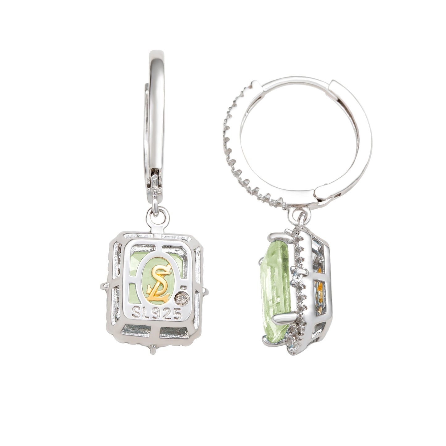 Suzy Levian Sterling Silver Emerald Cut Green Amethyst & White Topaz Halo Dangling Earrings