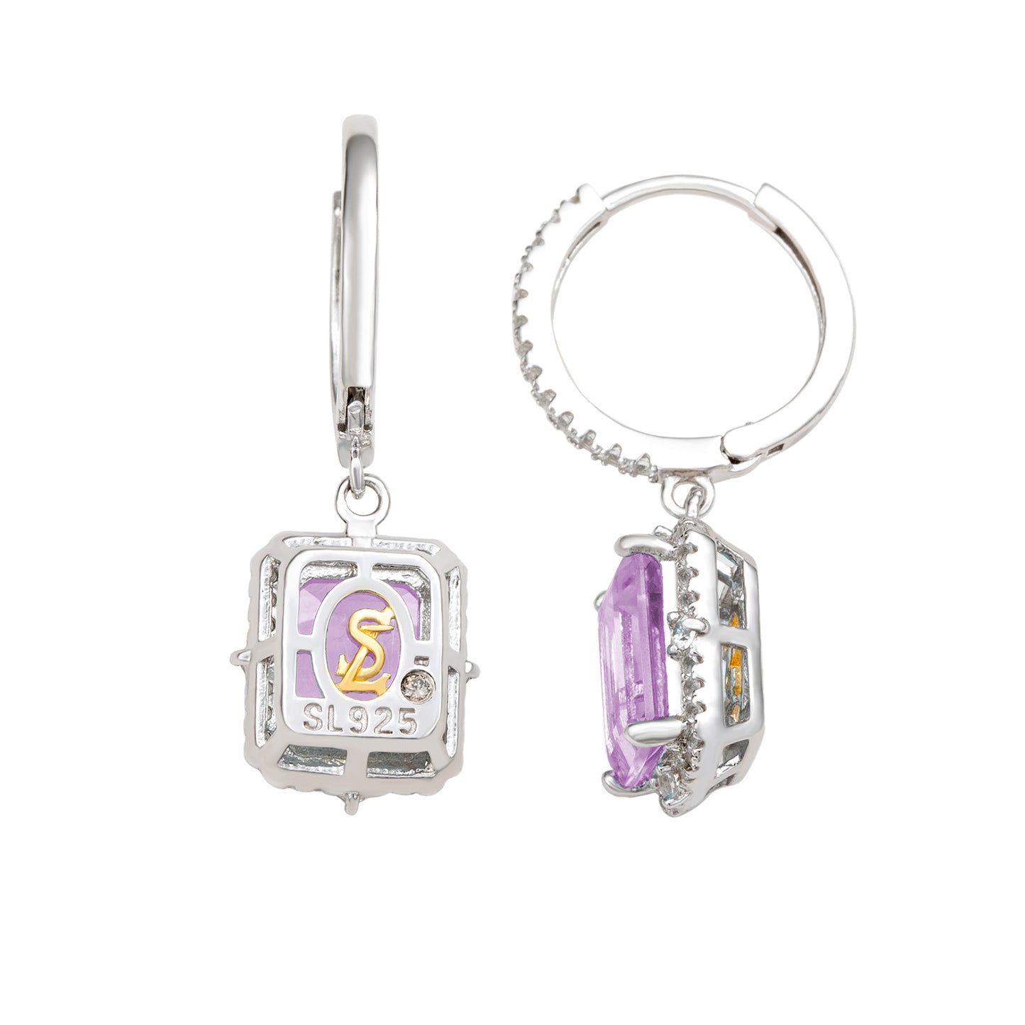 Suzy Levian Sterling Silver Emerald Cut Purple Amethyst & White Topaz Halo Dangling Earrings