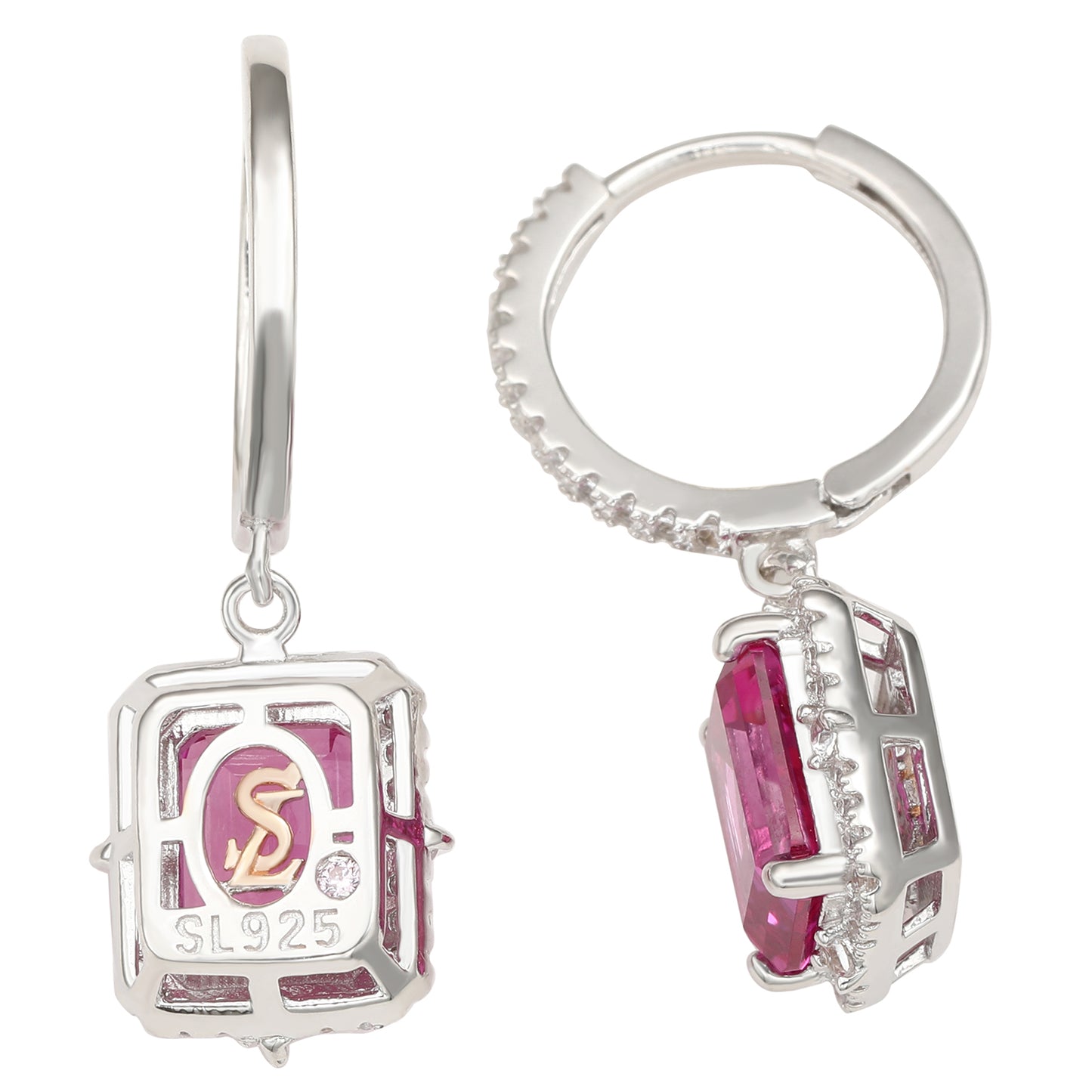 Suzy Levian Sterling Silver Pink Sapphire Emerald Cut Halo Dangling Earrings
