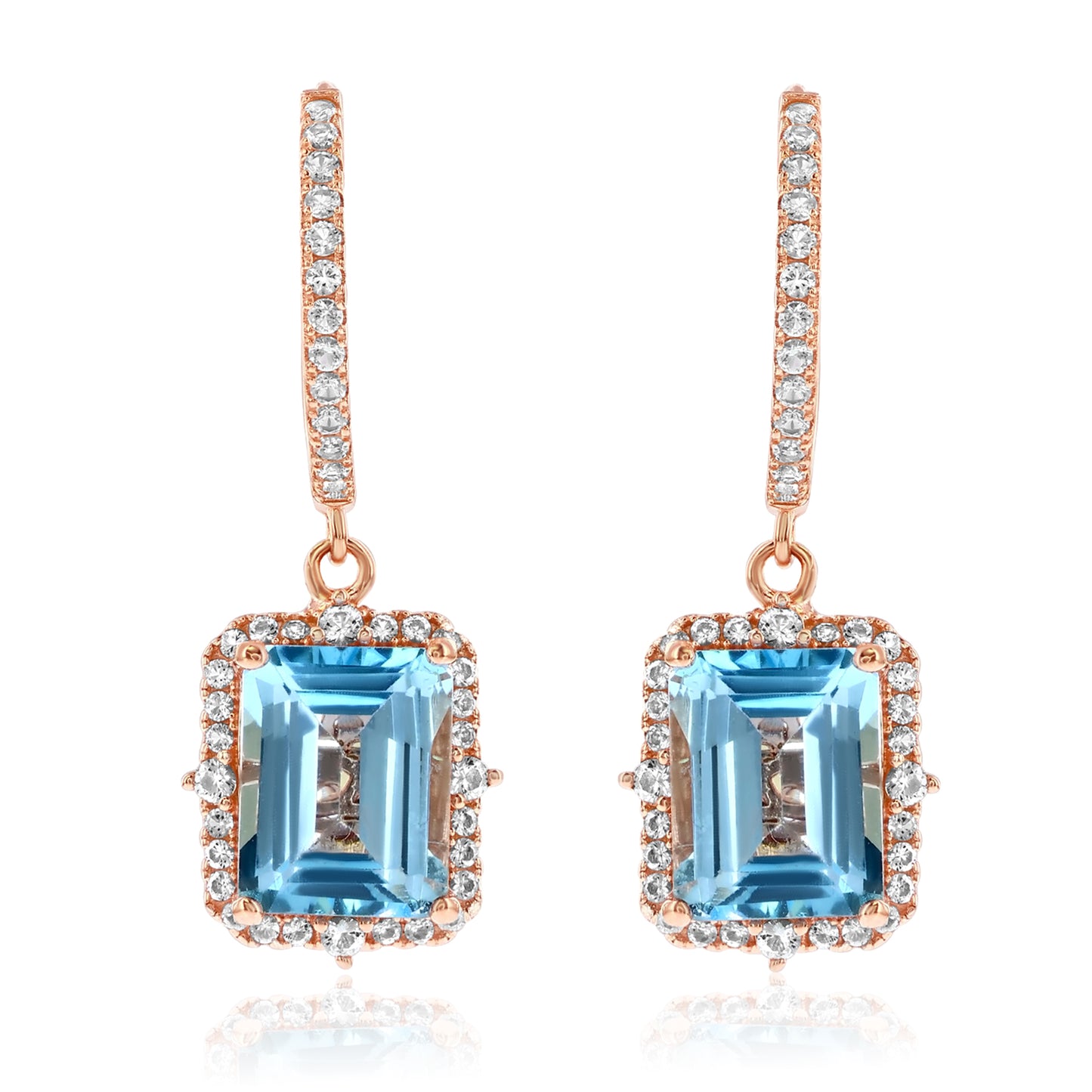 Suzy Levian Rose Sterling Silver Emerald Cut Blue Topaz & White Topaz Halo Dangling Earrings